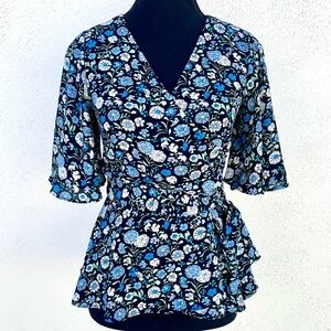 LOFT Floral True Wrap Short Sleeve Top - Blue/Black XS